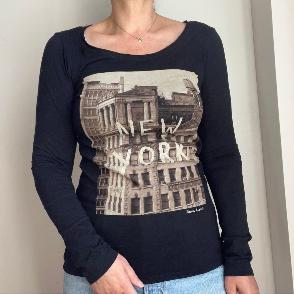 Maison Scotch Scotch & Soda Black Graphic New York Print Long Sleeve Tee Size S - Picture 2 of 10